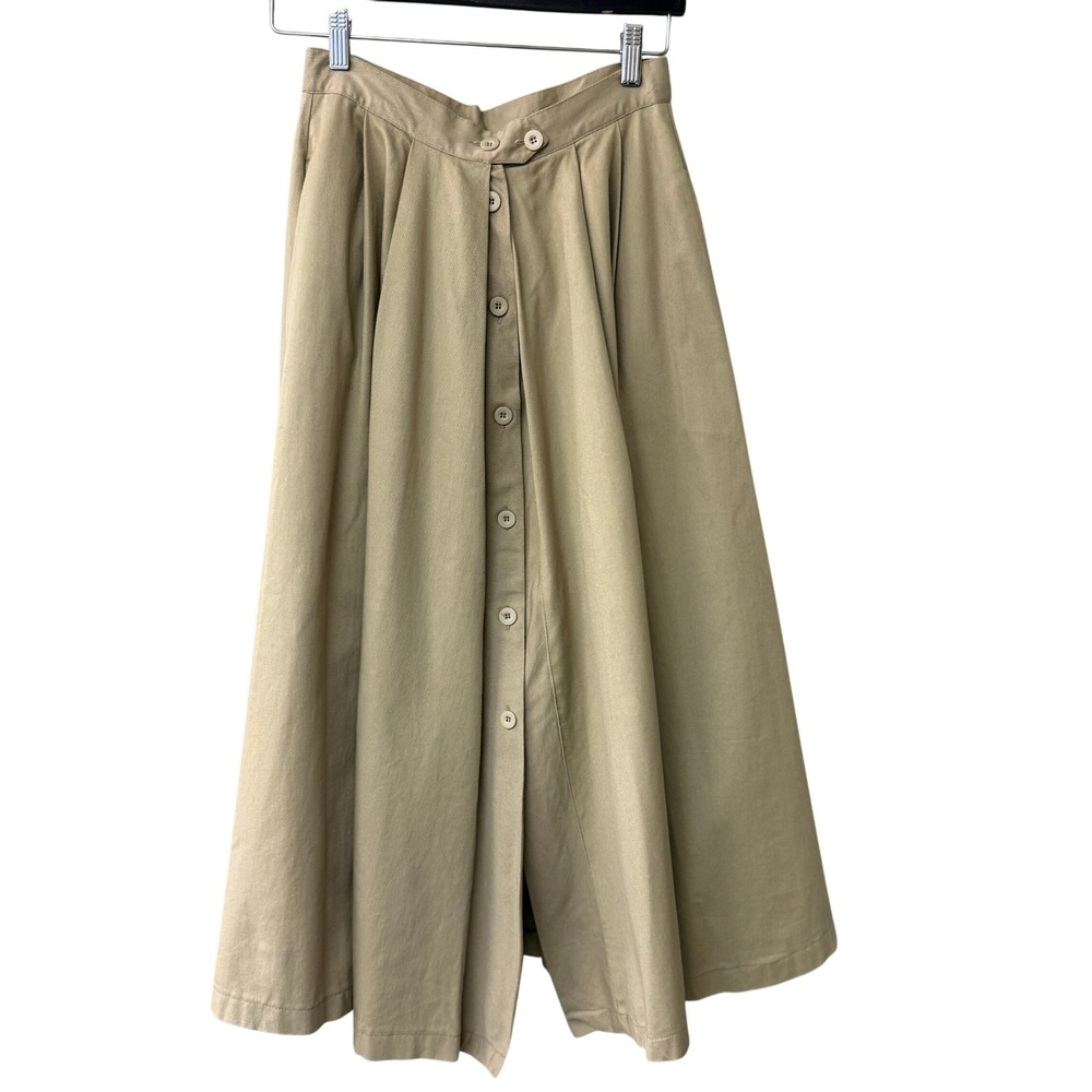 Vintage G.J. Forbes Khaki Cotton Twill Button Front Pleated Midi Skirt Size 12